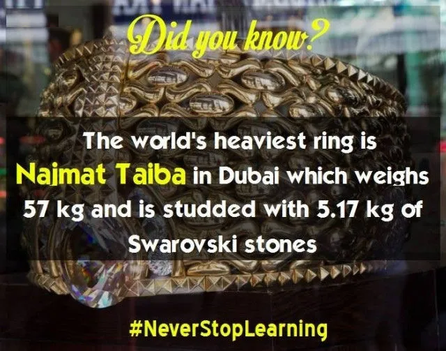 Chiếc nhẫn nặng nhất thế giới là Najmat Taiba ở Dubai. Nó nặng 57 kg và được tô điểm với 5,17 kg đá Swarovski (kim cương nhân tạo bậc nhất).