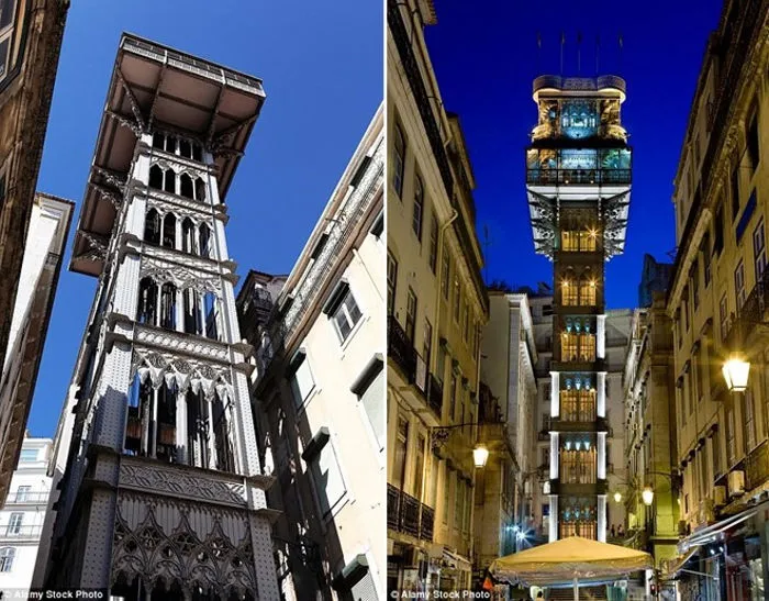 Thang máy có kiến trúc Gothic độc đáo này được thắp sáng vào ban đêm ở thành phố Lisboa.