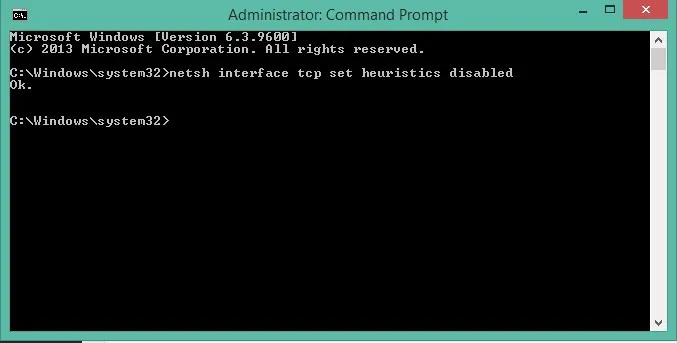 và netsh interface tcp set heuristics disabled