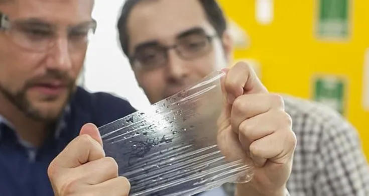 Một miếng hydrogel mỏng manh nhưng có thể chịu được lực của quả cầu kim loại rơi xuống.