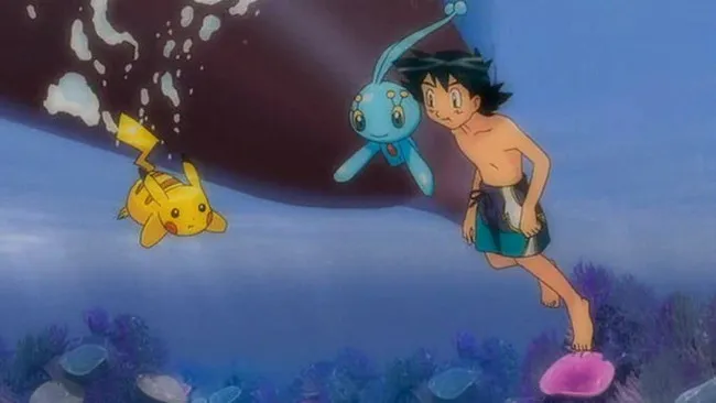 Cậu nhóc Satoshi thật sự rất gan dạ khi dám đi bơi cùng với Pikachu.