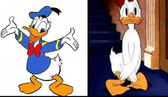 Vịt Donald dùng tay che chắn chỗ bình thường không mặc gì.