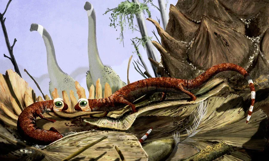 phía xa là hai con khủng long chân thằn lằn Sauropoda thuộc nhóm động vật có kích thước lớn nhất từng sống trên cạn.