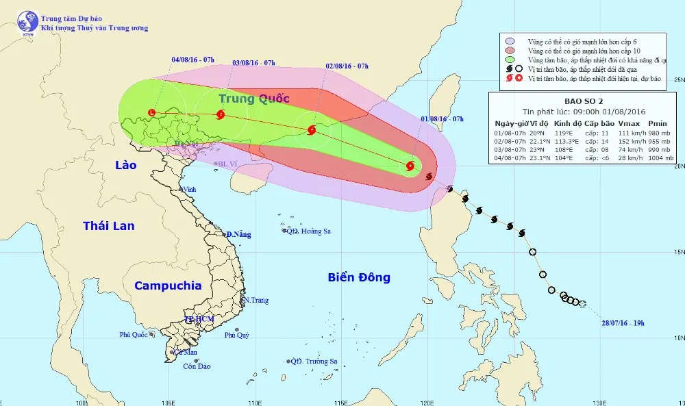 Vị trí và đường đi của bão số 2.