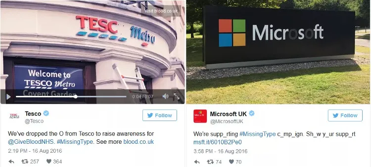 Chữ O trong tên của Tesco và Microsoft đã được gỡ bỏ hoặc làm mờ để ủng hộ chiến dịch này.
