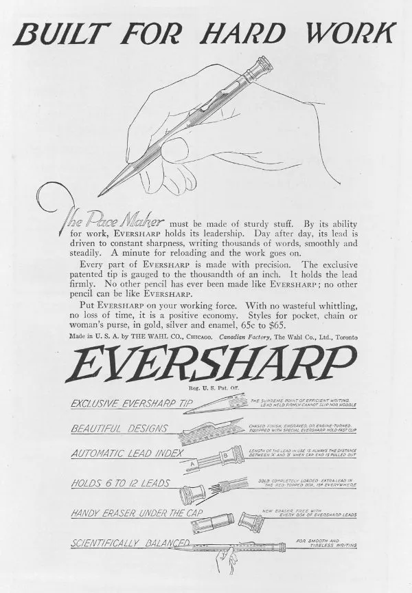 Một tờ quảng cáo cho cây bút chì máy Eversharp sản xuất bởi The Wahl Company ở Chicago.