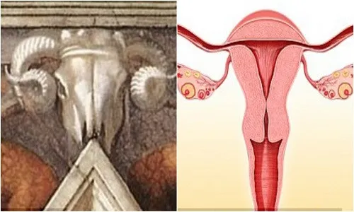 Hình hộp sọ bò đực trong tranh biểu trưng cơ quan sinh sản ở phụ nữ.