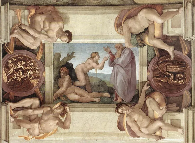 Biểu tượng cơ quan sinh sản nữ trong bức bích họa Cuộc sáng tạo Eve do Michelangelo vẽ.