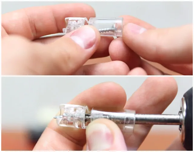 Cho một con ốc vào và xoay nó sao cho đầu nhọn óc xuyên lên phía trên của nắp bút bi.