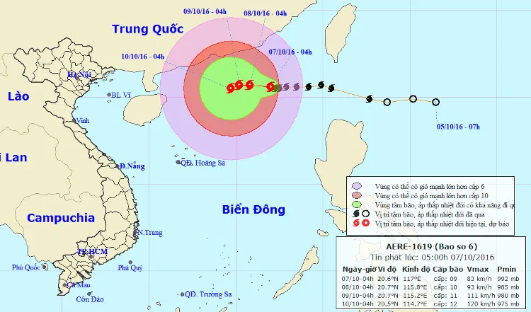 Vị trí và đường đi của bão Aere.