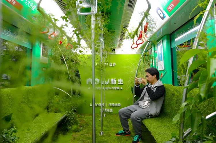 Một hành khách ngồi trên băng ghế phủ rêu và chụp ảnh toa tàu độc đáo.