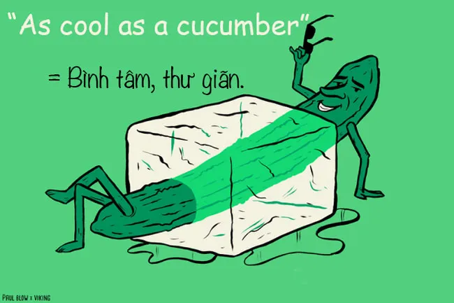 Cụm từ "As cool as a cucumber - Mát như quả dưa chuột" được dùng với nghĩa là trạng thái thư giãn, bình tâm, vui vẻ.