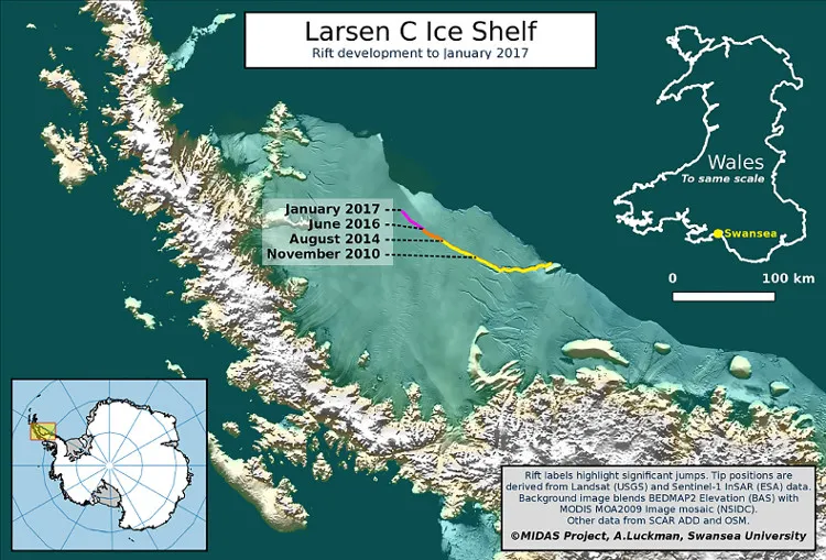 Vị trí hiện tại của khe nứt ở thềm băng Larsen C từ đầu năm nay.