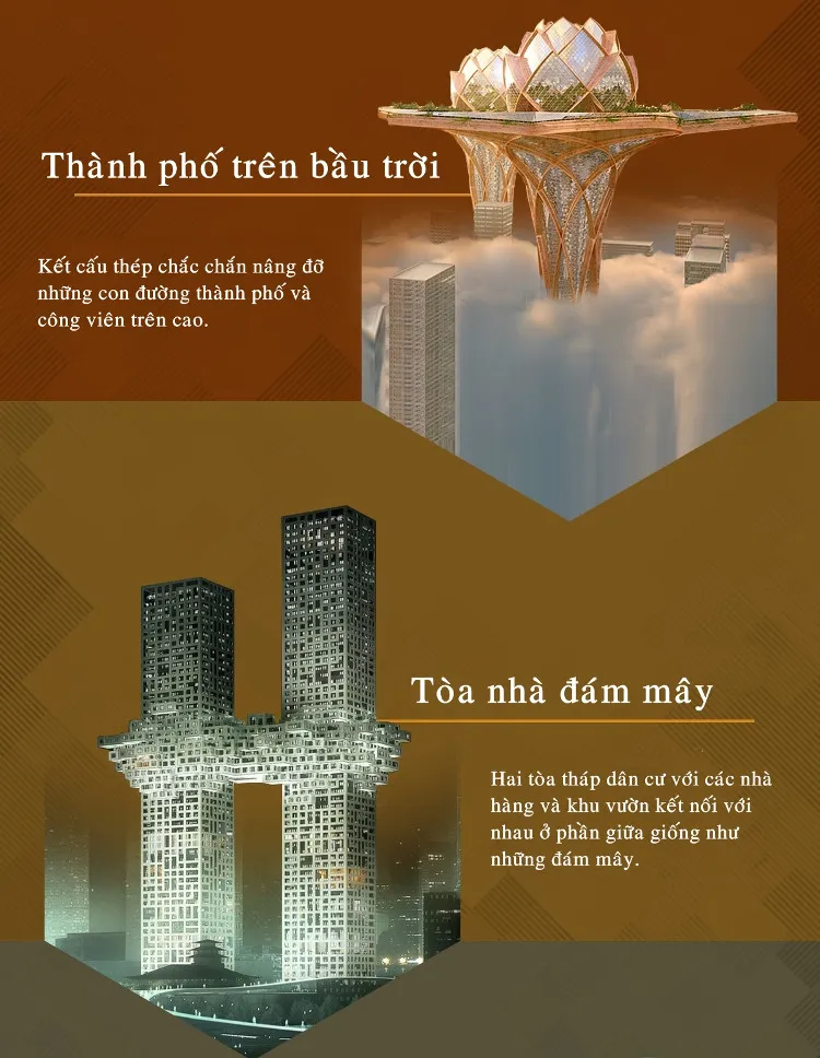 Thành phố trên bầu trời với kết cấu thép chắc chắn, đỡ những công viên và con đường ở trên cao.