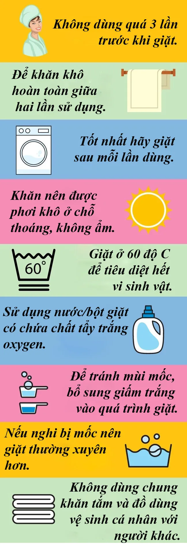 Nên giặt khăn tắm ở 600C để tiêu diệt hết vi sinh vật.