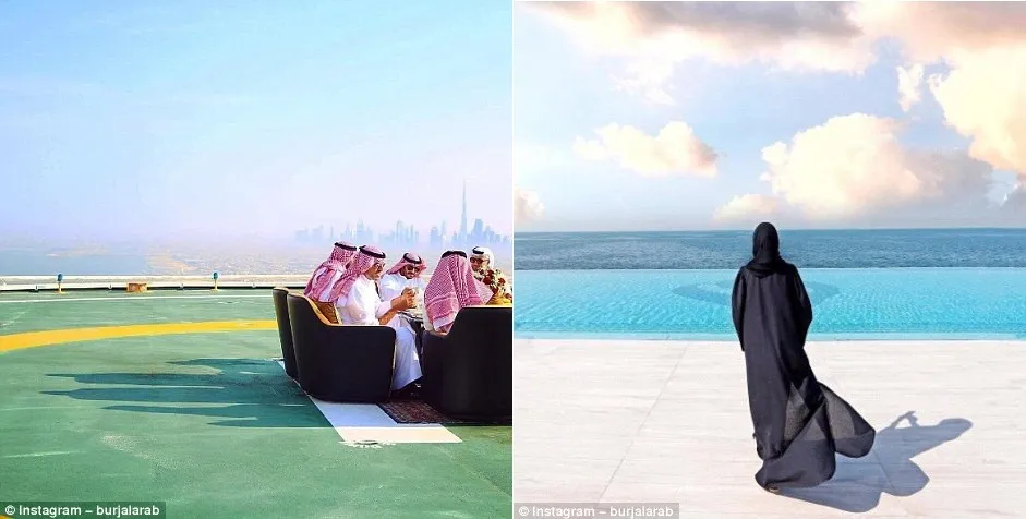 Trong ảnh trái, một sheikh (tộc trưởng) dùng bữa cùng khách mời trên bãi đỗ trực thăng của khách sạn. Trong ảnh phải, một vị khách đang ngắm nhìn bể bơi tuyệt đẹp của Burj Al Arab.