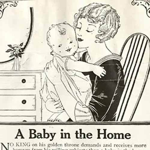 Bức hình quảng cáo với dòng tiêu đề (A baby in the Home) kèm với hình ảnh trên bao bì sản phẩm (1926).