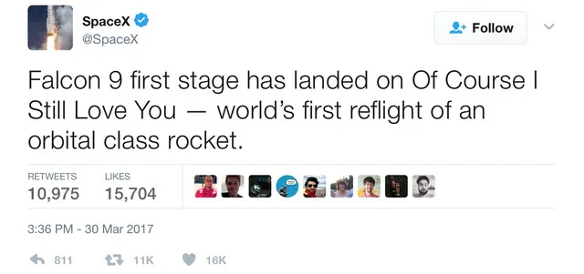 Đoạn tweet thông báo tên lửa đẩy đã hạ cánh thành công của SpaceX.