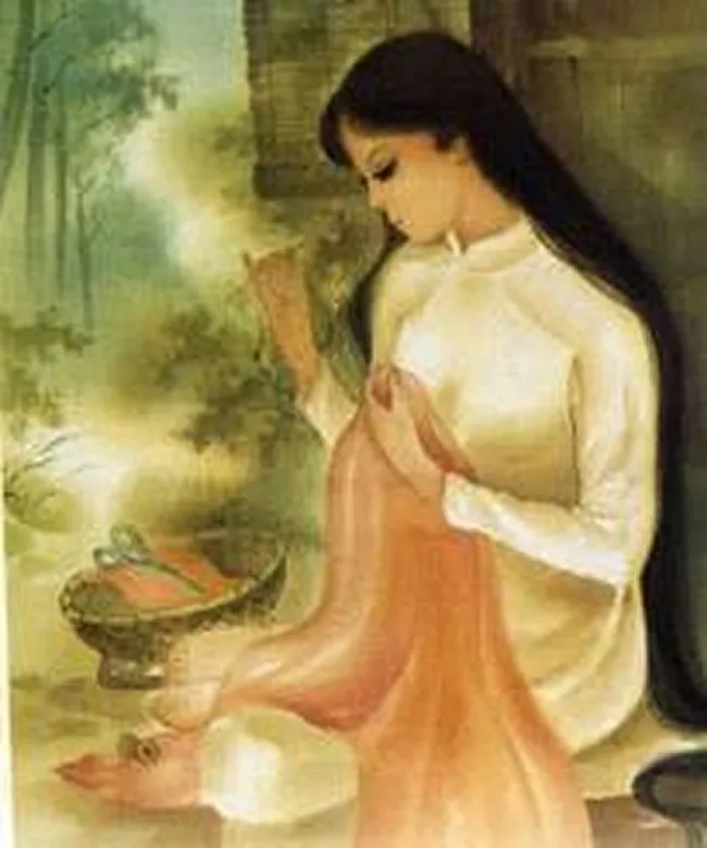 Nàng Bân đan áo cho chồng.